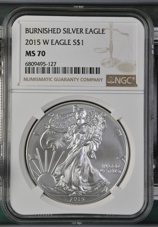 2015 W EAGLE S$1 BURNISHED SILVER EAGLE MS 70