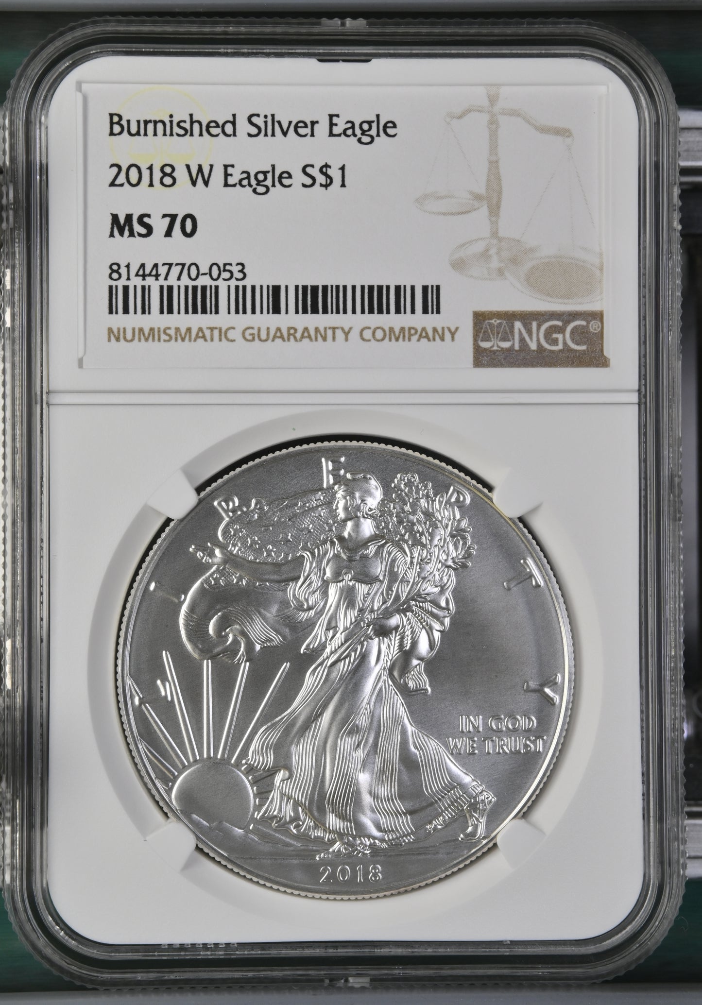 2018 W SILVER EAGLE S$1 BURNISHED MS 70