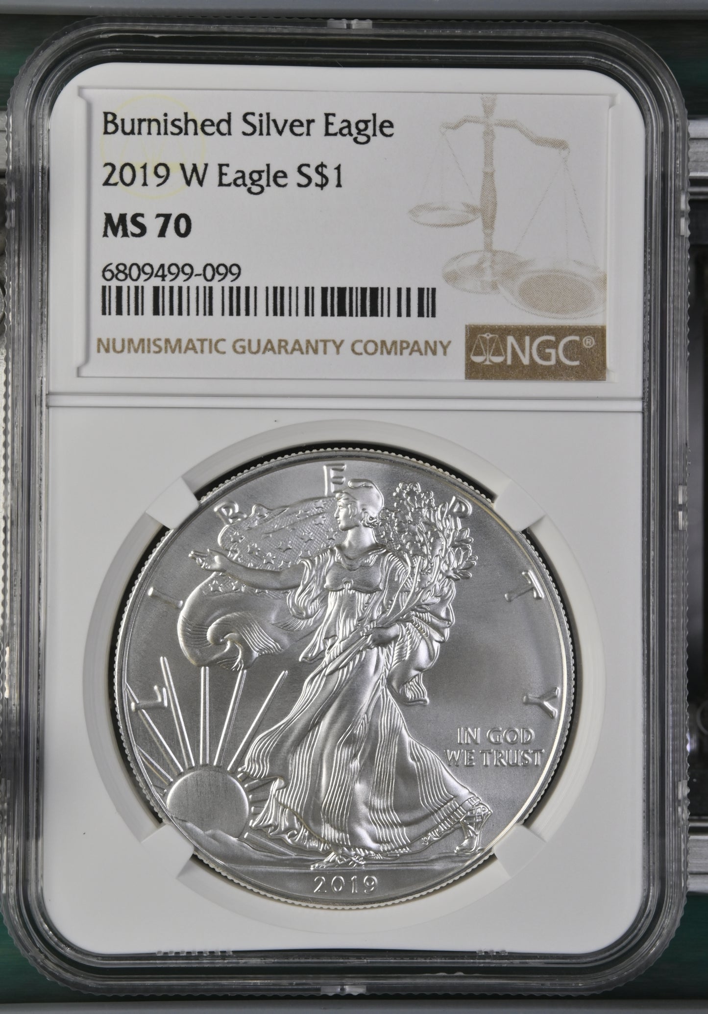 2019 W BURNISHED SILVER EAGLE S$1 MS 70