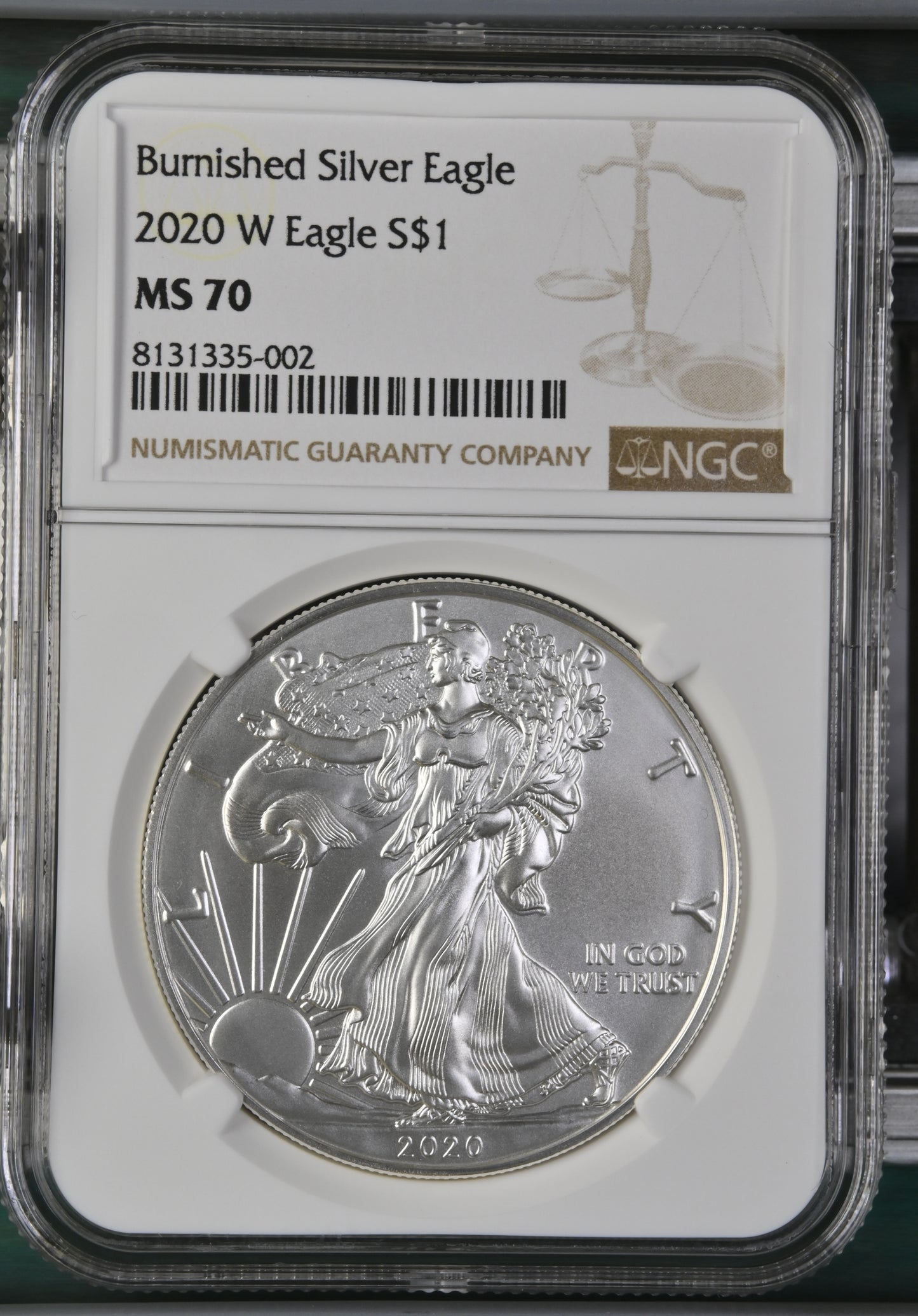 2020 W BURNISHED SILVER EAGLE S$1 MS 70