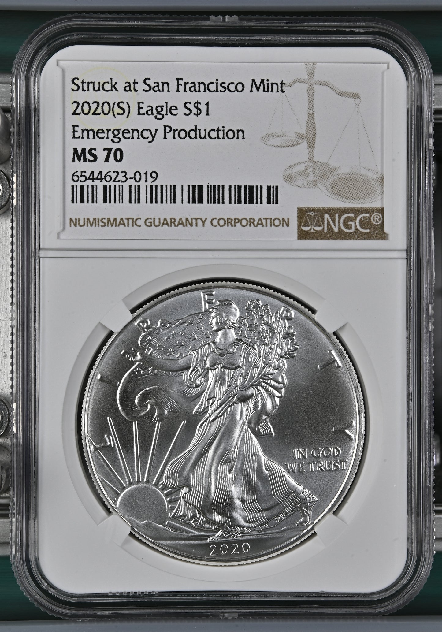 2020(S) EAGLE S$1 STRUCK AT SAN FRANCISCO MINT EMERGENCY PRODUCTION MS 70
