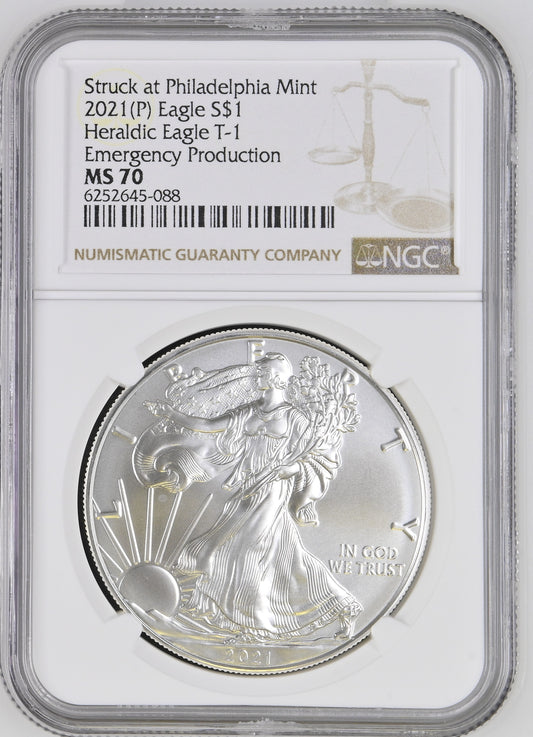 2021(P) EAGLE S$1 HERALDIC EAGLE STRUCK AT PHILADELPHIA MINT T-1 EMERGENCY PRODUCTION MS 70