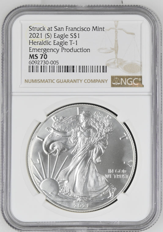 2021(S) EAGLE S$1 HERALDIC EAGLE STRUCK AT SAN FRANCISCO MINT T-1 MS 70