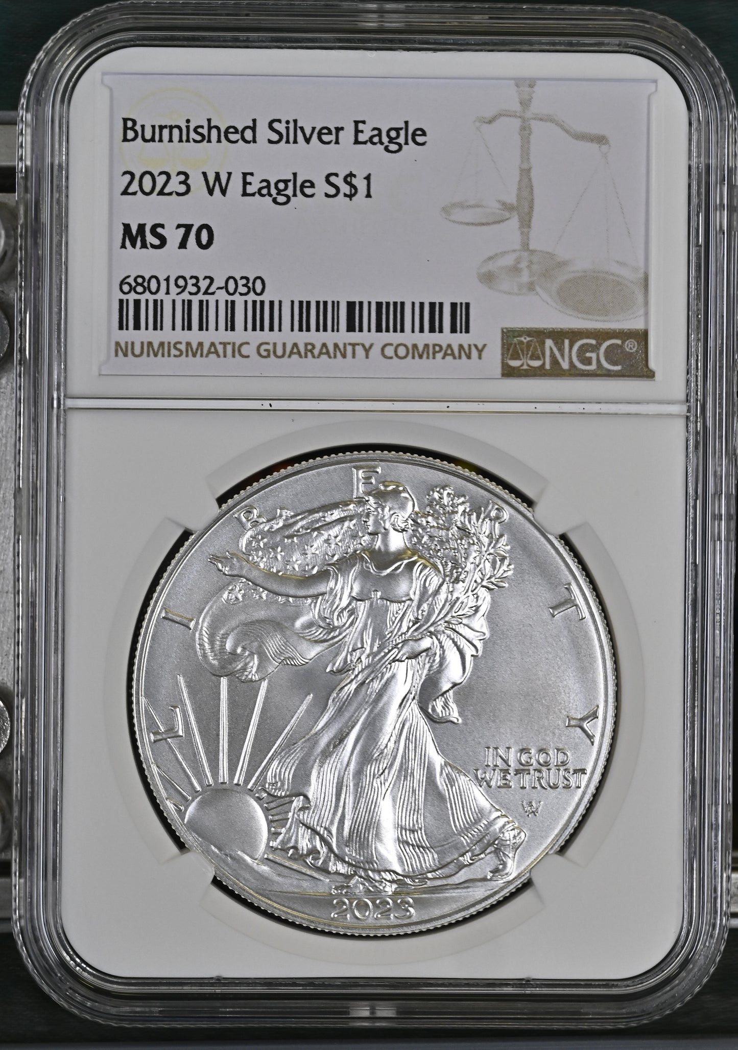 2023 W BURNISHED SILVER EAGLE S$1 MS 70