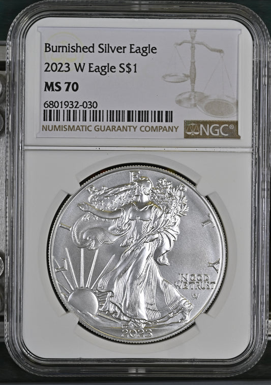 2023 W BURNISHED SILVER EAGLE S$1 MS 70
