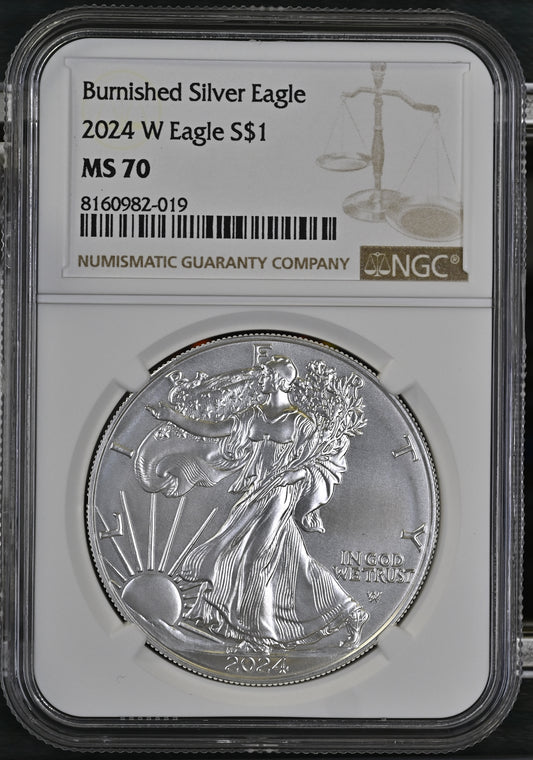 2024 W BURNISHED SILVER EAGLE S$1 MS 70