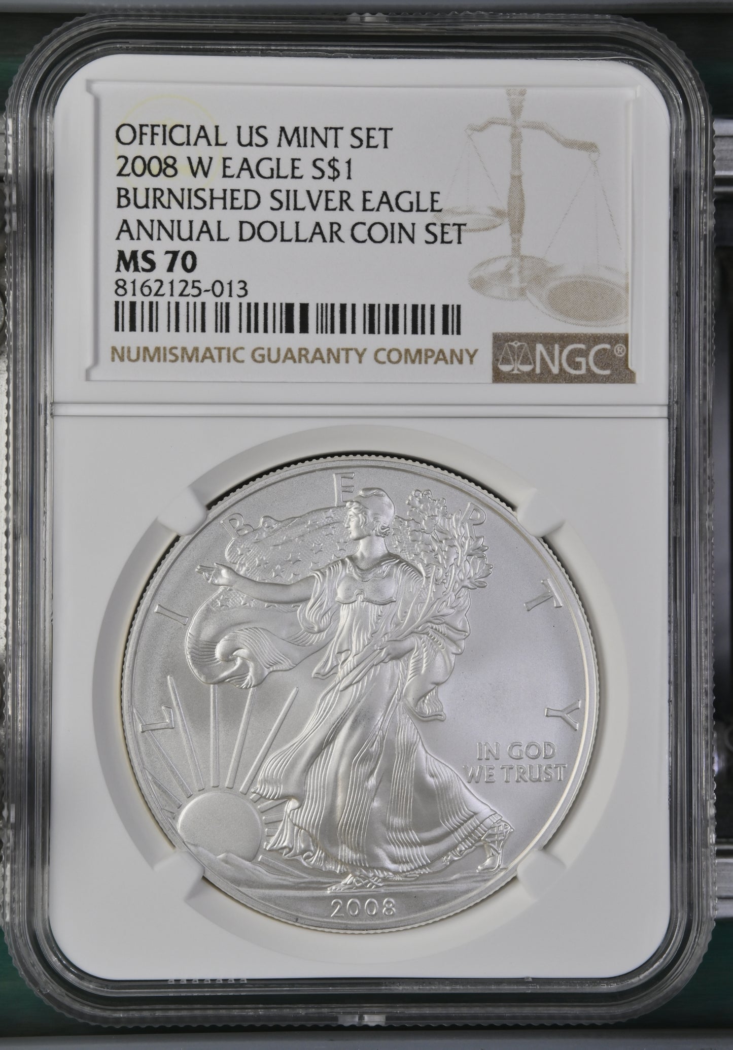 2008 W EAGLE S$1 BURNISHED SILVER EAGLE ANNUAL DOLLAR COIN SET MS 70