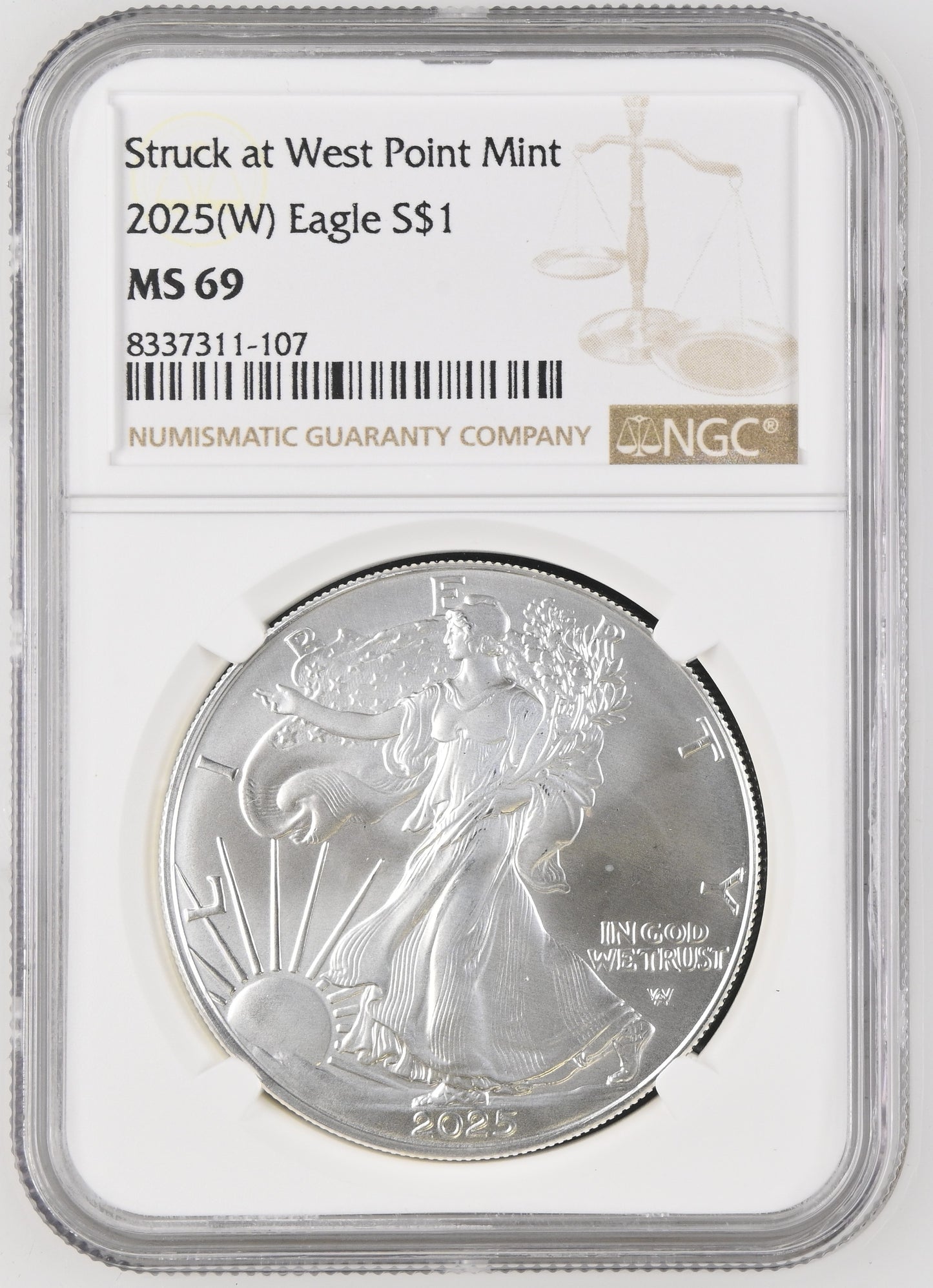 2025 EAGLE S$1 TYPE 1 STRUCK AT WEST POINT MINT (W) MS 69