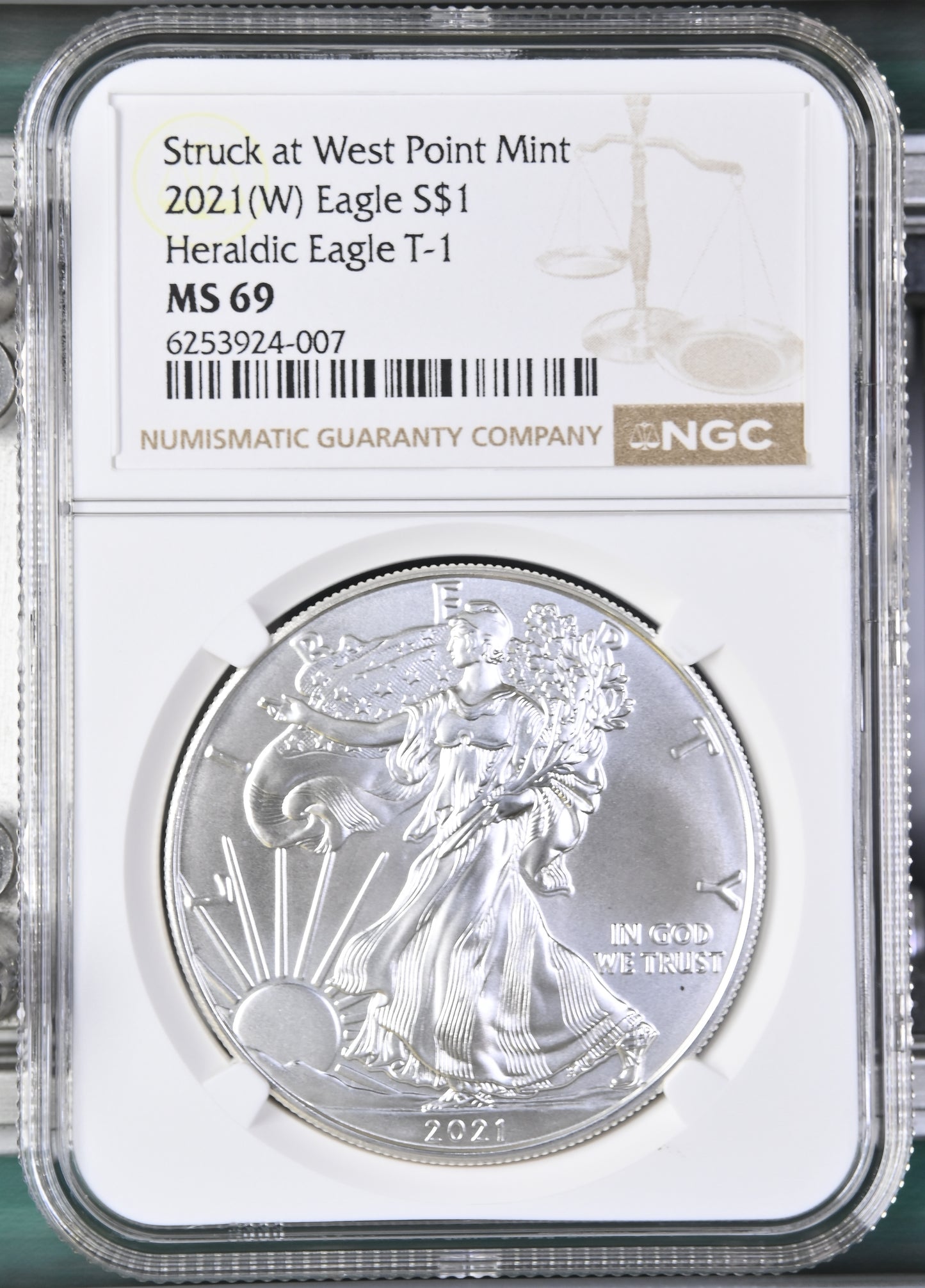 2021 (W) EAGLE S$1 STRUCK AT WEST POINT MINT HERALDIC EAGLE T-1 MS 69