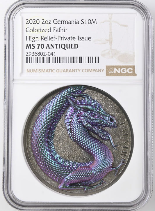 2020 2OZ GERMANIA FANTASY COINS S10M COLORIZED FAFNIR HIGH RELIEF-PRIVATE ISSUE NGC MS 70