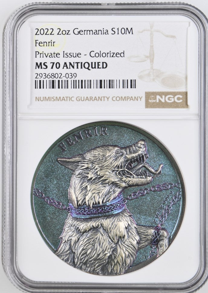 2022 2OZ GERMANIA FANTASY COINS S10M FENRIR PRIVATE ISSUE - COLORIZED NGC MS 70