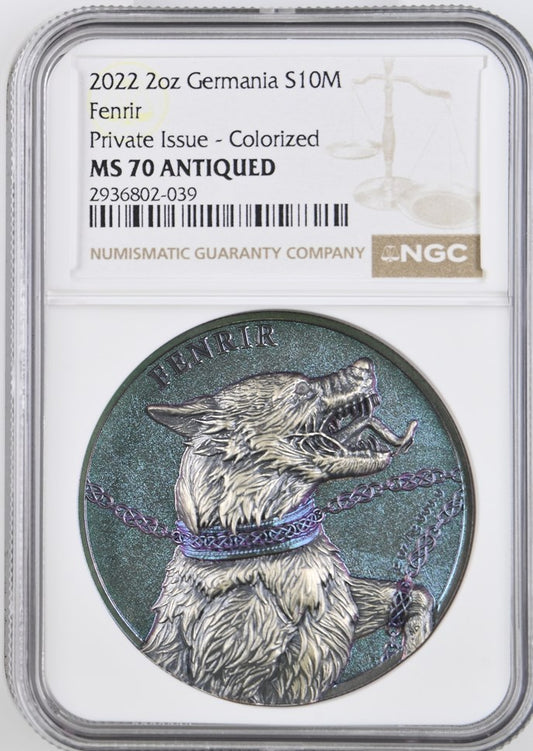 2022 2OZ GERMANIA FANTASY COINS S10M FENRIR PRIVATE ISSUE - COLORIZED NGC MS 70