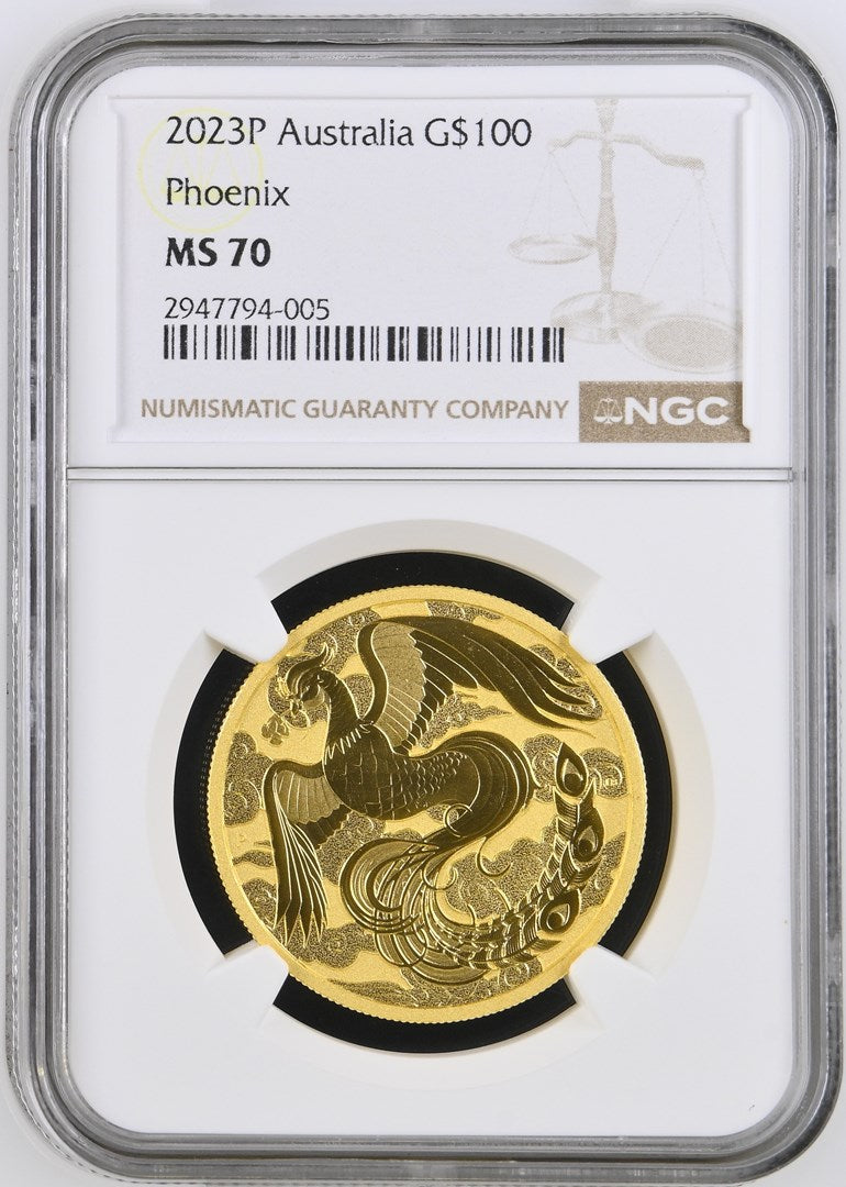 2023 AUSTRALIA 1 OZ GOLD CHINESE MYTHS & LEGENDS PHOENIX NGC MS 70 TOP-POP