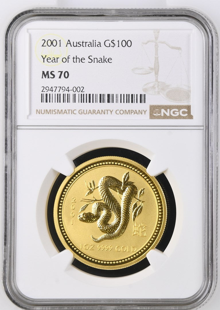 2001 AUSTRALIA 1 OZ GOLD LUNAR SNAKE (SERIES I) NGC MS 70 TOP-POP