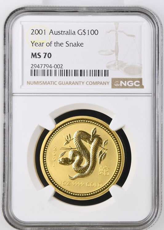 2001 AUSTRALIA 1 OZ GOLD LUNAR SNAKE (SERIES I) NGC MS 70 TOP-POP
