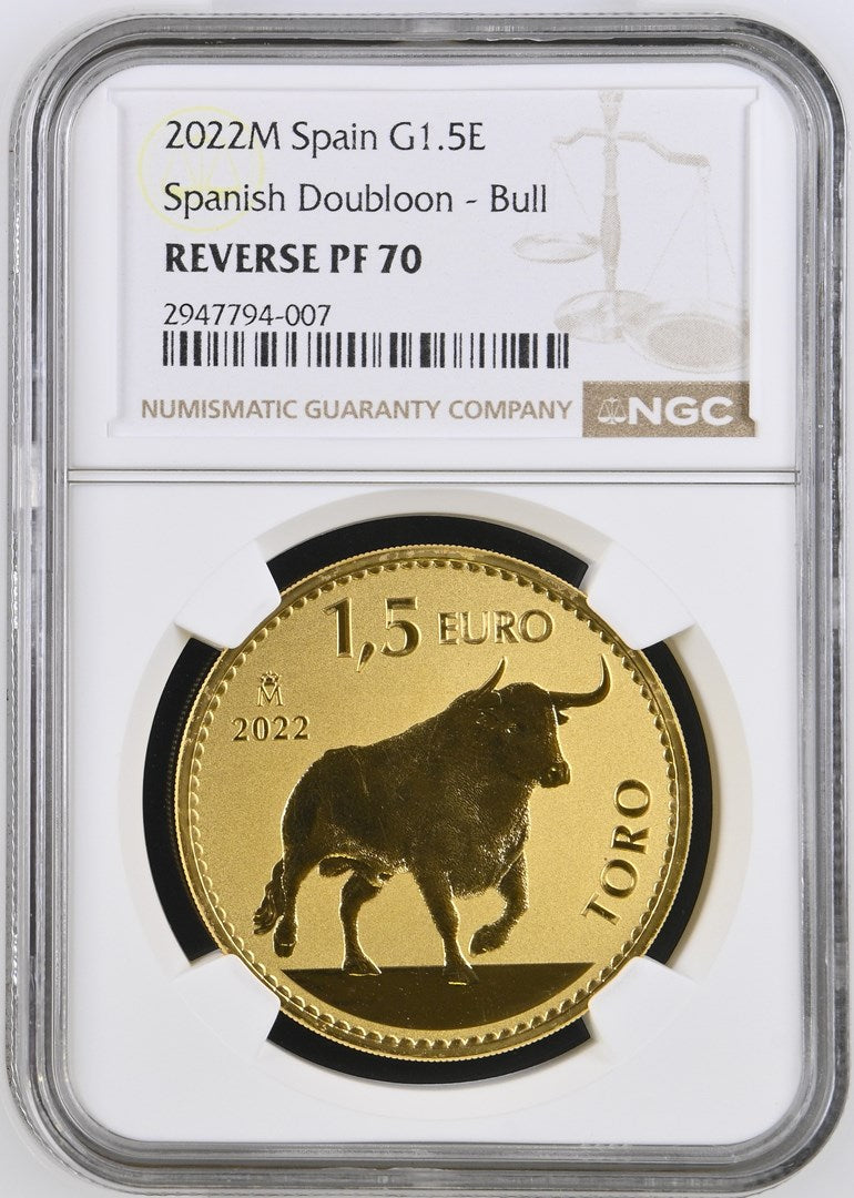 2022 SPAIN 1 OZ GOLD REVERSE PROOF BULL DOUBLOON NGC PF 70 TOP-POP