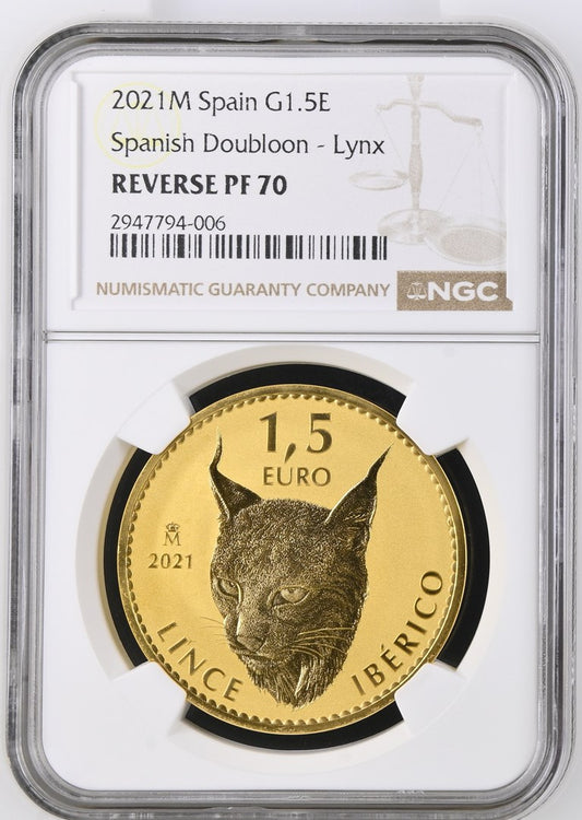 2021 SPAIN 1 OZ GOLD REVERSE PROOF IBERIAN LYNX DOUBLOON NGC PF 70