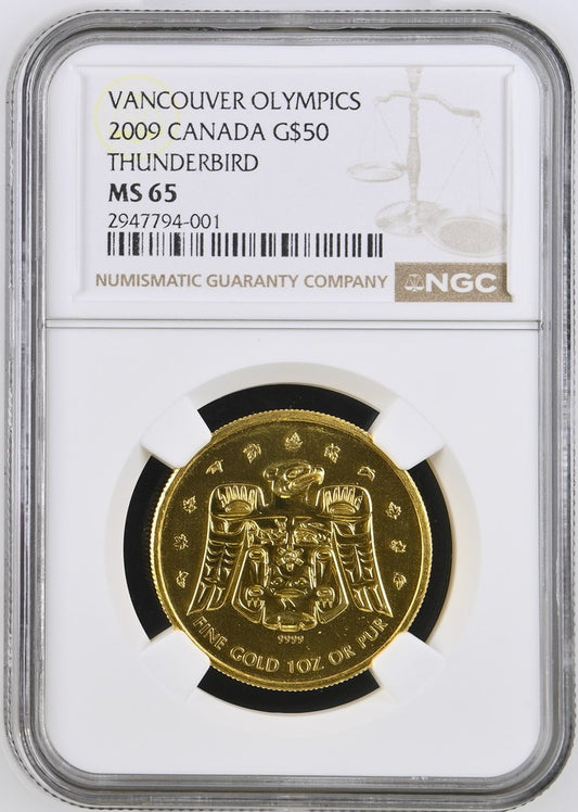 2009 CANADA 1 OZ GOLD MAPLE BU (VANCOUVER OLYMPICS, T'BIRD) NGC MS 65