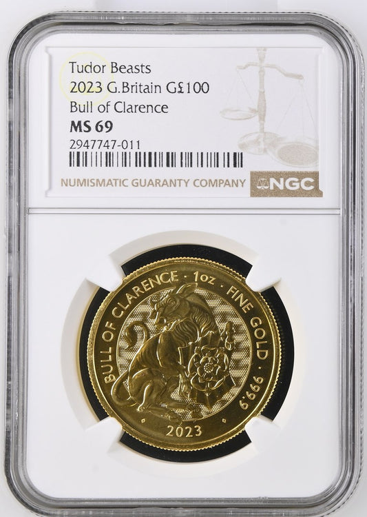 2023 GREAT BRITAIN 1 OZ GOLD THE ROYAL TUDOR BEASTS THE BULL OF CLERENCE NGC MS 69 TOP-POP