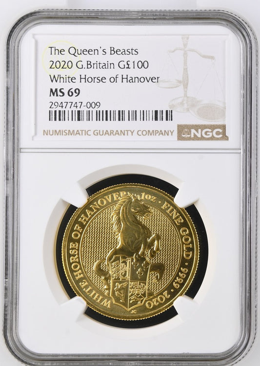 2020 GREAT BRITAIN 1 OZ GOLD QUEEN'S BEASTS THE WHITE HORSE NGC MS 69