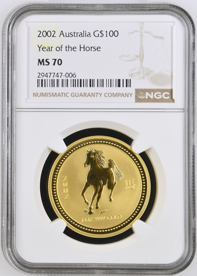 2002 AUSTRALIA 1 OZ GOLD LUNAR HORSE BU (SERIES I) NGC MS 70 TOP-POP