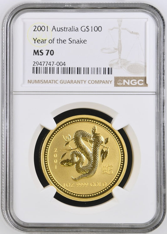 2001 AUSTRALIA 1 OZ GOLD LUNAR SNAKE BU (SERIES I) NGC MS 70 TOP-POP