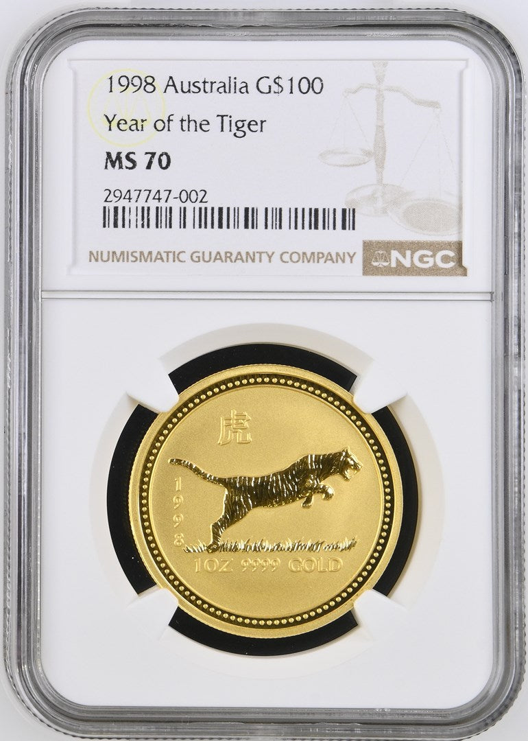 1998 AUSTRALIA 1 OZ GOLD LUNAR TIGER BU (SERIES I) NGC MS 70 TOP-POP