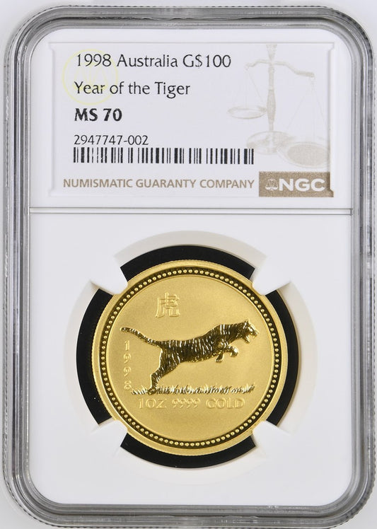1998 AUSTRALIA 1 OZ GOLD LUNAR TIGER BU (SERIES I) NGC MS 70 TOP-POP