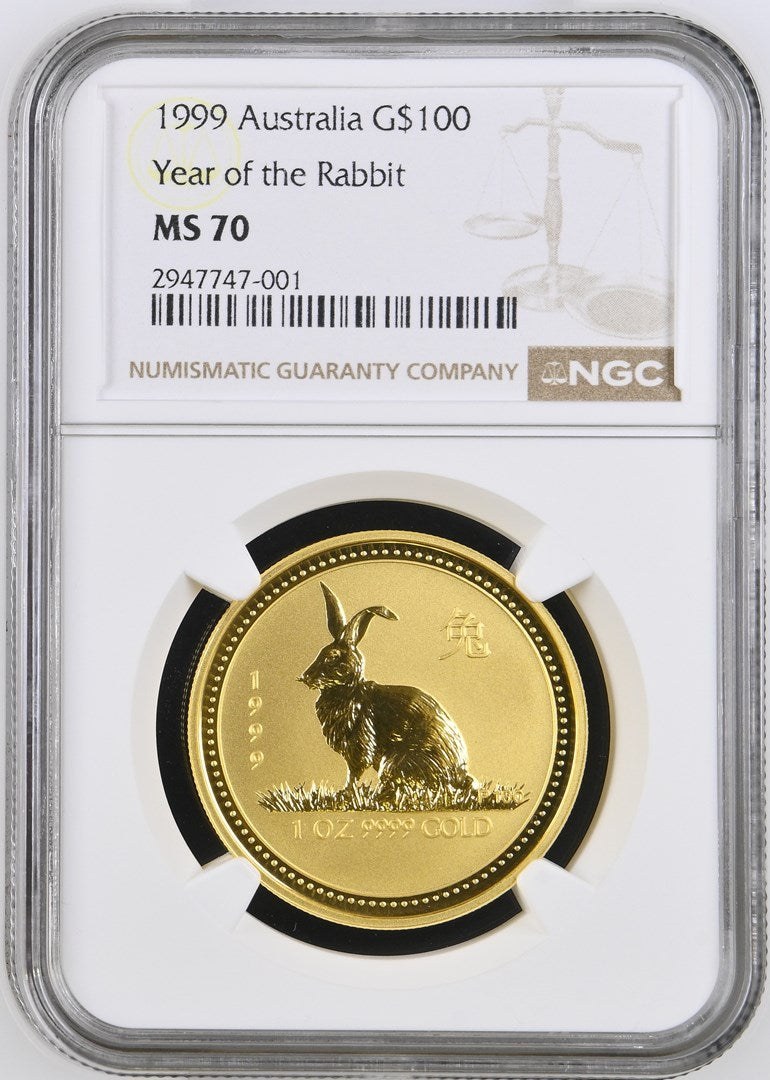 1999 AUSTRALIA 1 OZ GOLD LUNAR RABBIT BU (SERIES I) NGC MS 70 TOP-POP
