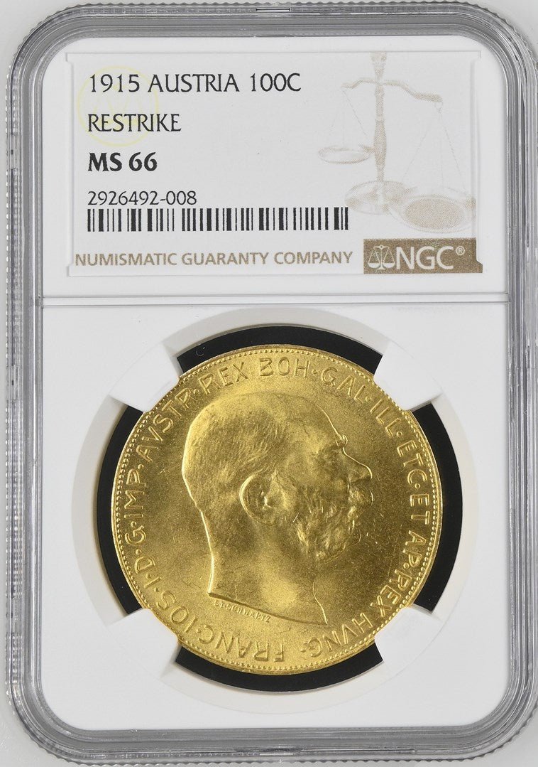1915 AUSTRIA 100 CORONA RESTRIKE NGC MS 66