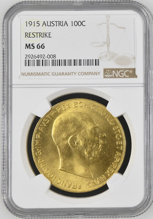 1915 AUSTRIA 100 CORONA RESTRIKE NGC MS 66