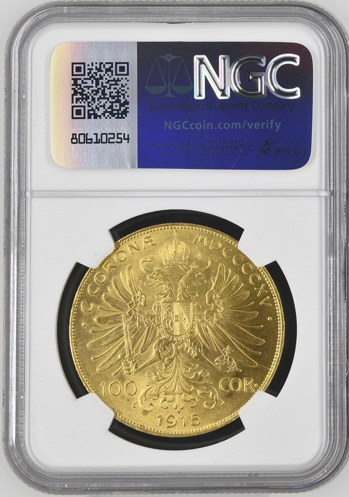 1915 AUSTRIA 100 CORONA RESTRIKE NGC MS 66