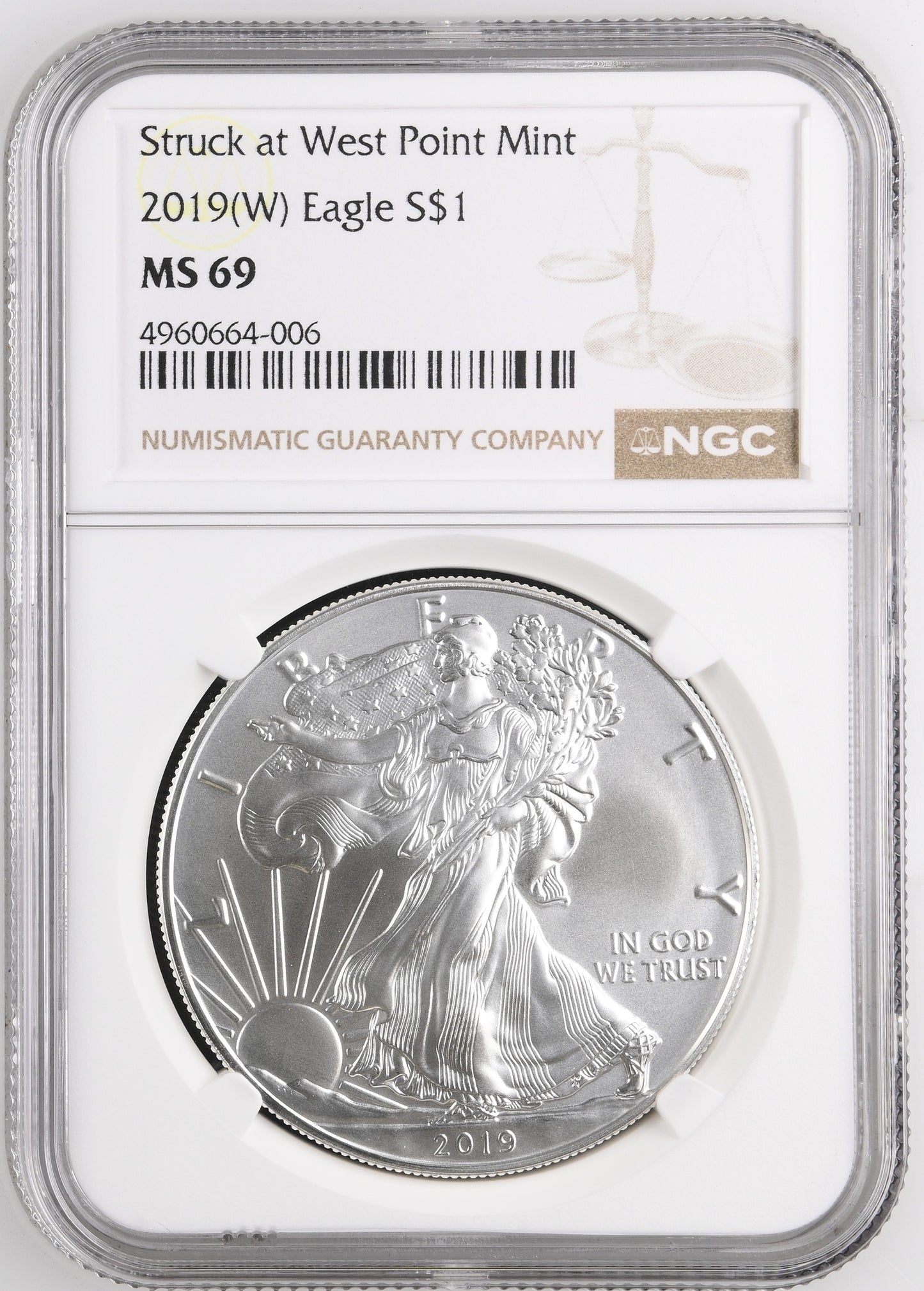 2019 EAGLE S$1 TYPE 1 STRUCK AT WEST POINT MINT (W) MS 69