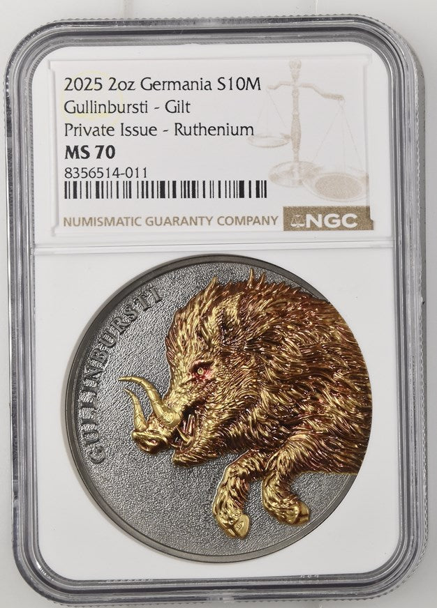 2025 2OZ GERMANIA FANTASY COINS S10M GULLINBURSTI - GILT PRIVATE ISSUE - RUTHENIUM NGC MS 70